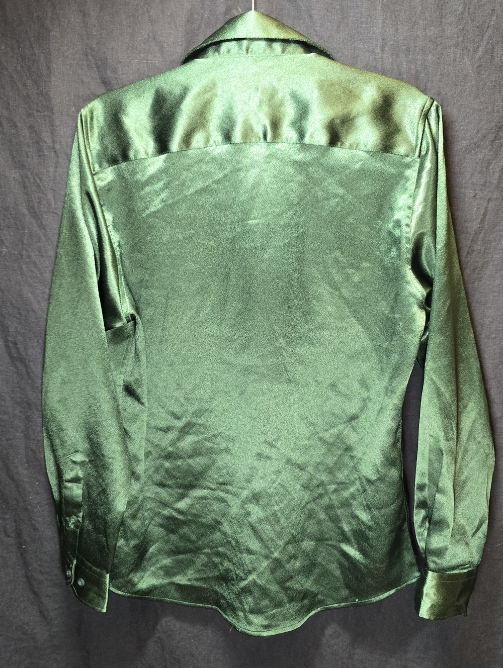 HI-TIE Men's Emerald Green Satin Button Down Long Sleeve Dress Shirt - M - Picture 4 of 7